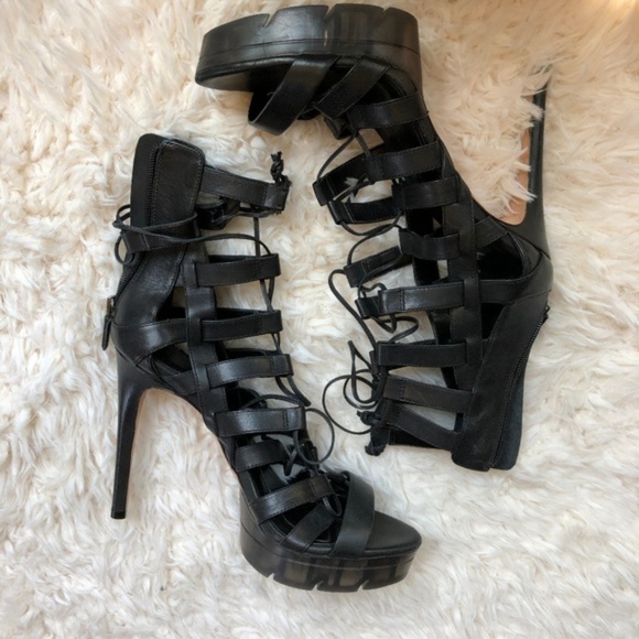 BCBGMaxAzria Shoes - BCBGMAXAZRIA Black Leather Strappy Lace Up Heels